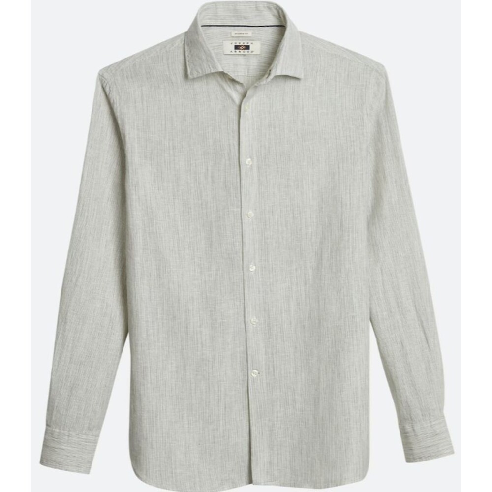 Joseph Abboud Modern Fit Linen Blend Crinkle Stripe Sport Shirt- Olive- size:2XL